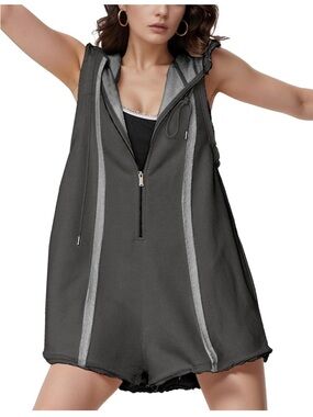 Gray Sleeveless terry sweatshirt Hooded Romper